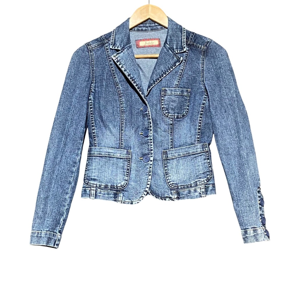 Jordache Y2K Women's S Medium Wash Stretch Denim Blazer Jacket Blue 3-Button